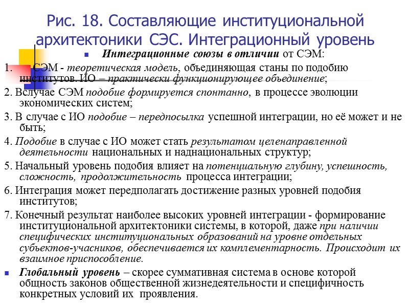 Рис. 18. Составляющие институциональной архитектоники СЭС. Интеграционный уровень  Интеграционные союзы в отличии от